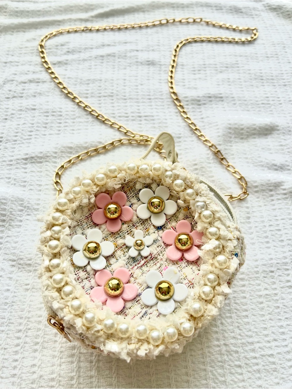 Chic Pearl & Flower Round Crossbody Bag - Cream with Pink & White Flowers